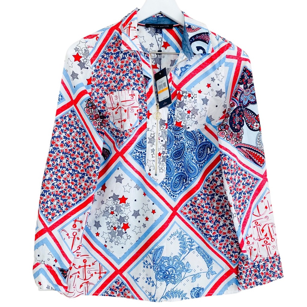 Tommy Hilfiger NWT Americana Red White & Blue Floral Mixed Print Top Size Small‎